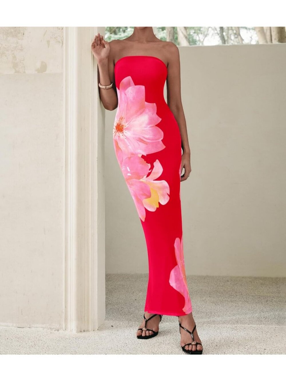 Women's Sexy Black/Pink Floral Strapless Tube Long Bodycon Maxi Club Party Dress - Picture 5 of 6